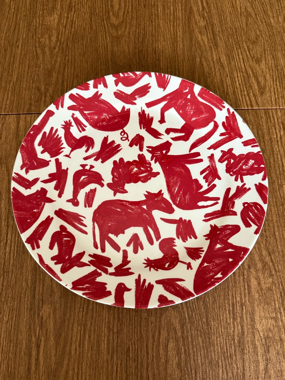 Crate & Barrel Red Sketch Animal Farmyard Ceramic Platter Plate 15”